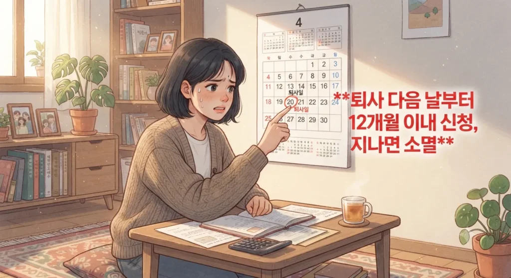 실업급여 신청방법을 12개월 이내에 완료해야 소멸되지 않는다는 주의사항을 보여주는 지브리풍 일러스트
