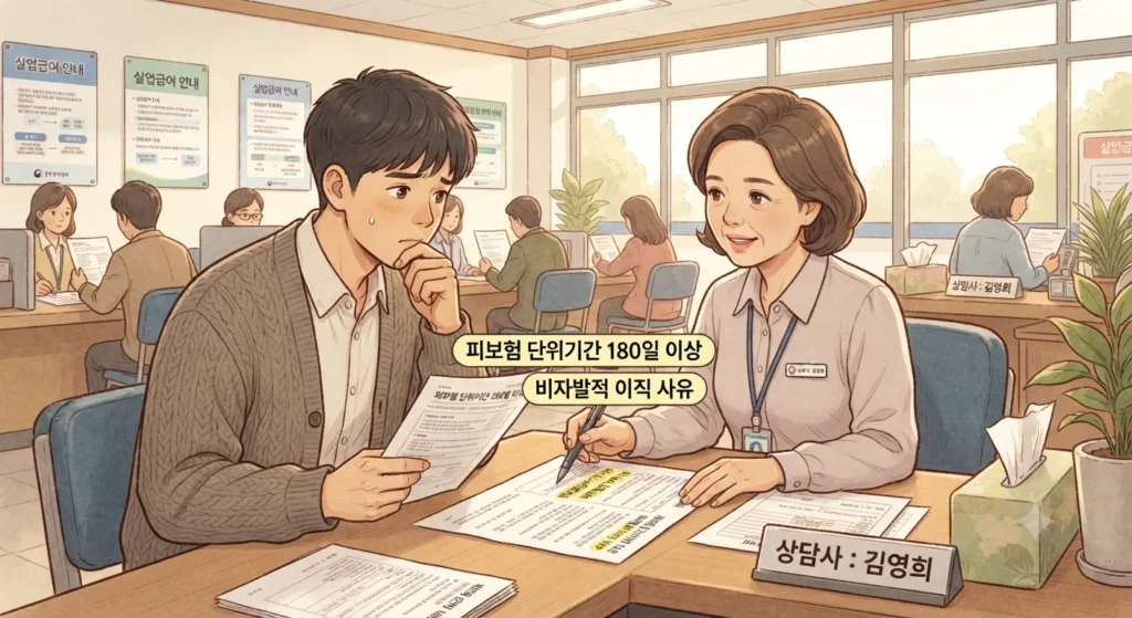 실업급여 신청방법을 위한 필수 자격 조건인 180일 가입기간을 보여주는 지브리풍 일러스트