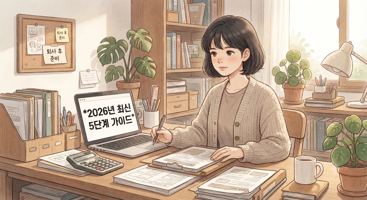 실업급여 신청방법을 차분하게 준비하는 모습을 담은 지브리풍 일러스트