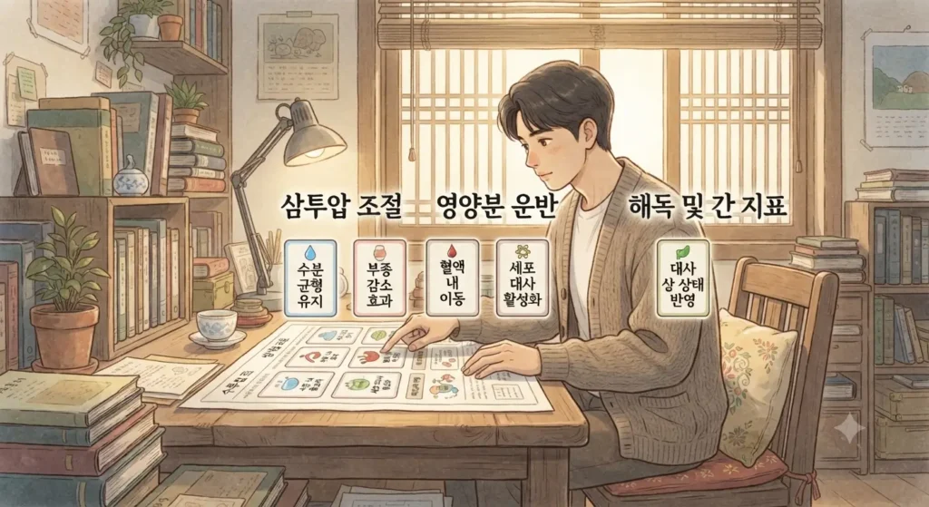 알부민 효능 5가지 핵심 기능을 정리해서 보여주는 지브리풍 일러스트