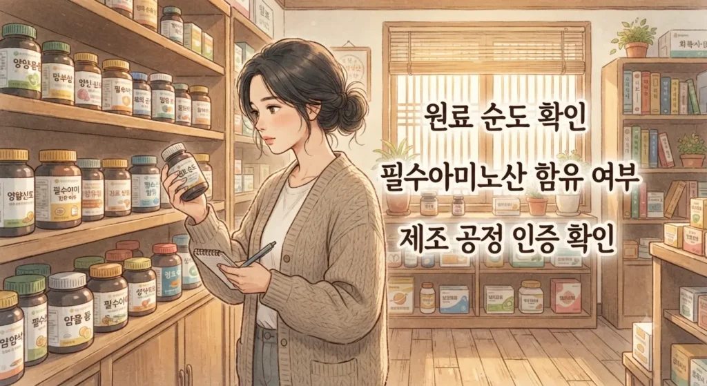 알부민 효능 관련 영양제를 고를 때 확인해야 할 3가지 선택법을 보여주는 지브리풍 일러스트