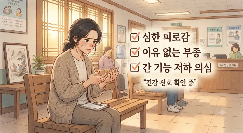 알부민 효능 저하로 나타나는 부종과 피로감 신호를 체크하는 모습을 보여주는 지브리풍 일러스트