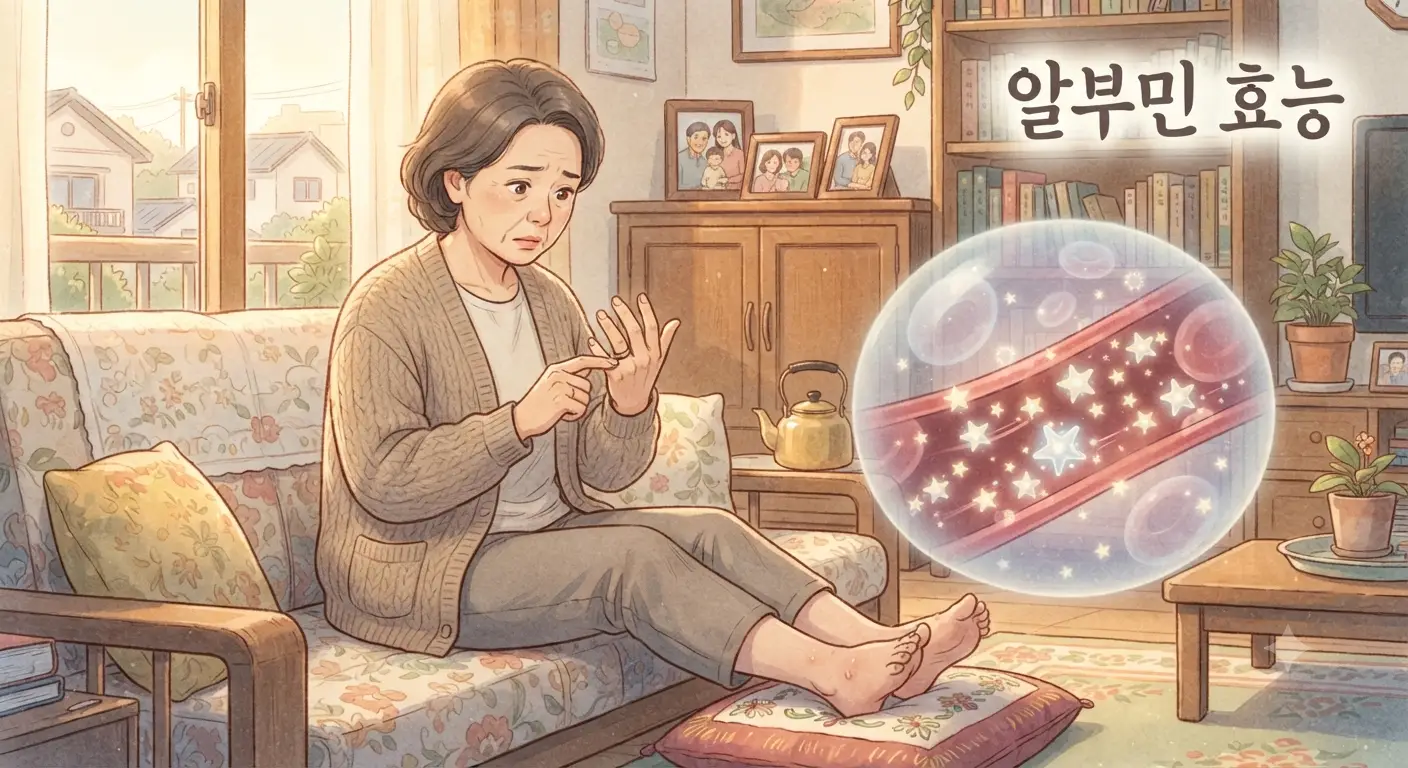 알부민 효능 저하로 인한 부종을 걱정하는 모습을 담은 지브리풍 일러스트