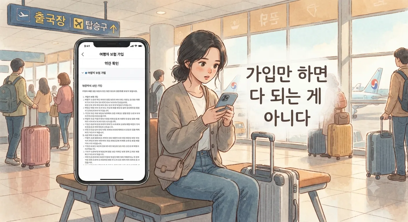 여행자보험 가입 주의사항을 꼼꼼히 확인하는 여행자의 모습을 담은 지브리풍 일러스트