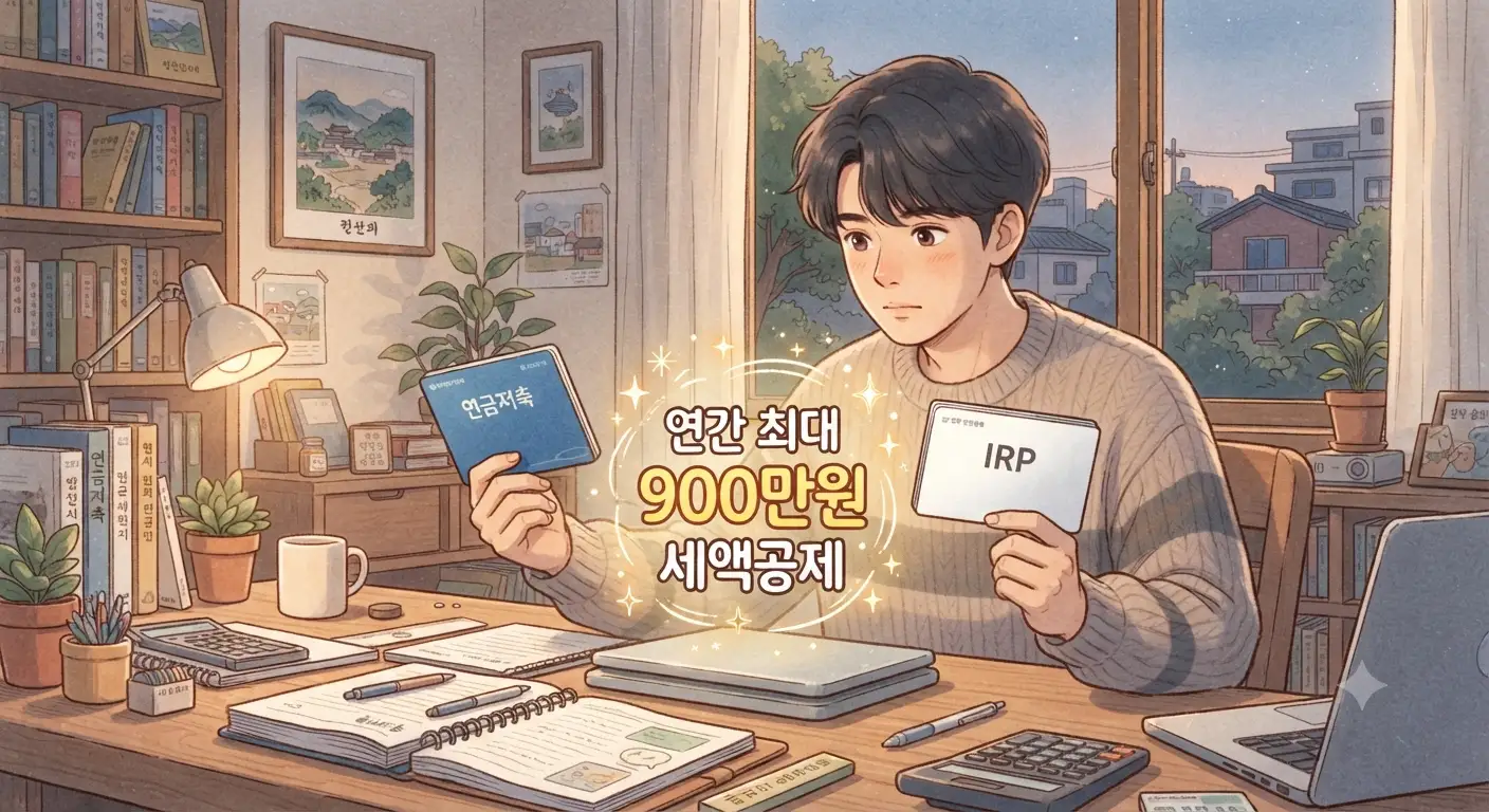 연금저축 vs IRP 차이점을 비교하며 노후 준비를 고민하는 모습을 담은 지브리풍 일러스트