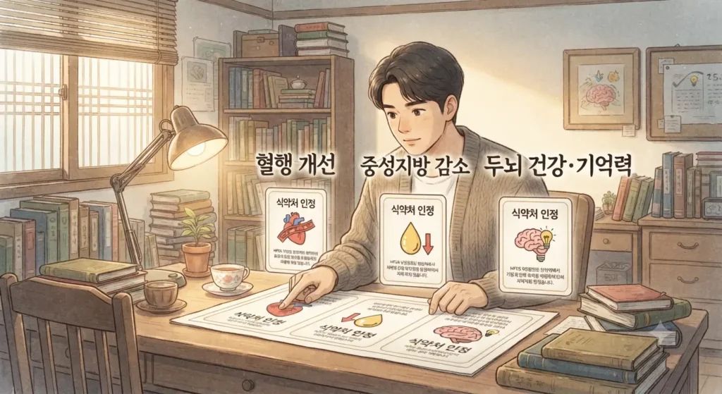 오메가3 효능 5가지 중 식약처가 공식 인정한 기능성을 보여주는 지브리풍 일러스트