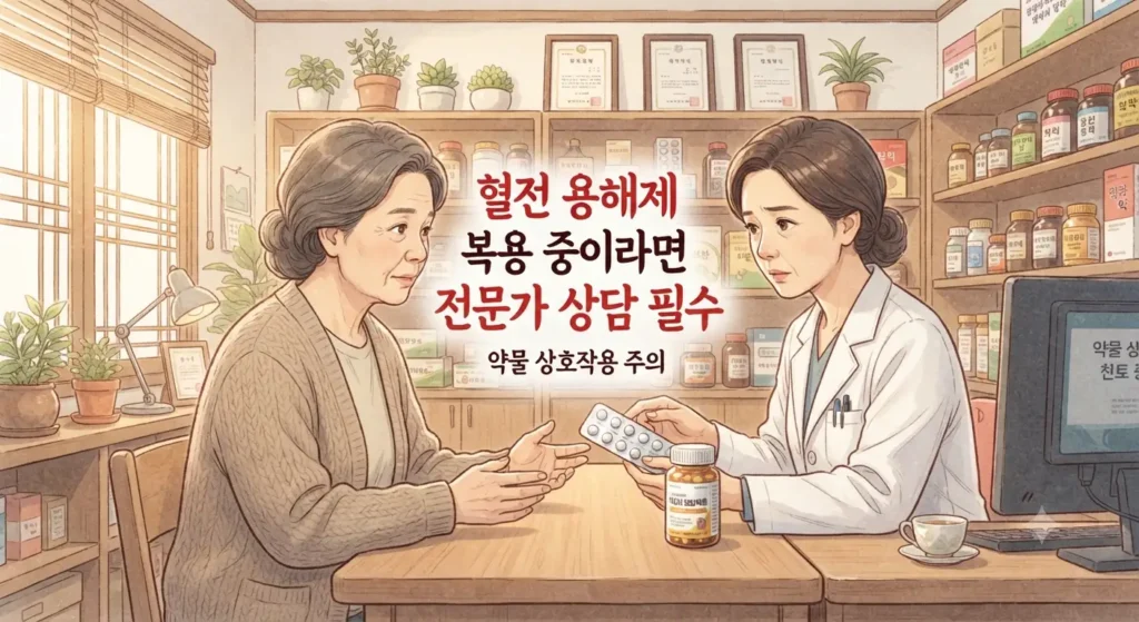 오메가3 효능 섭취 시 혈전 용해제와의 상호작용 주의사항을 보여주는 지브리풍 일러스트