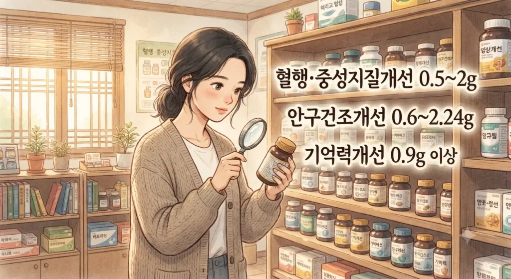 오메가3 효능별로 필요한 EPA+DHA 함량 기준을 확인하는 좋은 오메가3 고르는 법을 보여주는 지브리풍 일러스트