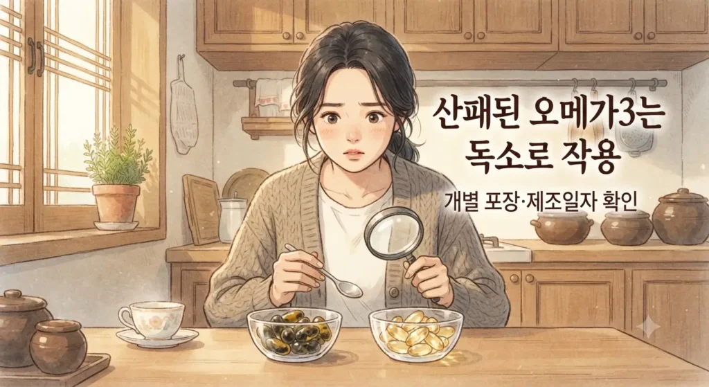 오메가3 효능을 위해 산패되지 않은 고품질 제품을 확인하는 모습을 보여주는 지브리풍 일러스트