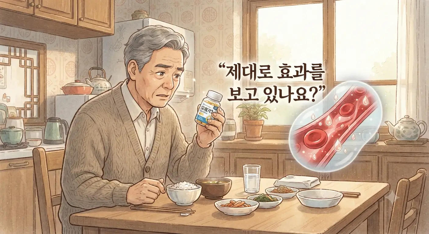 오메가3 효능을 제대로 누리기 위해 제품을 살펴보는 모습을 담은 지브리풍 일러스트