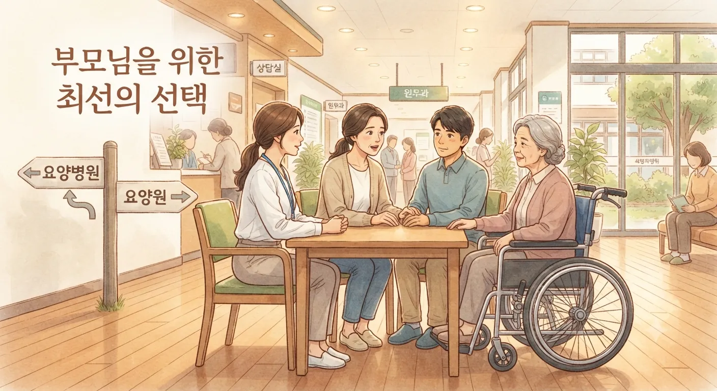 요양병원 vs 요양원을 고민하며 부모님을 위한 최선의 선택을 찾는 가족의 모습을 담은 지브리풍 일러스트