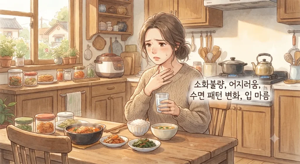 우울증약 부작용 손떨림 외에 나타날 수 있는 다른 신체 증상들을 보여주는 지브리풍 일러스트
