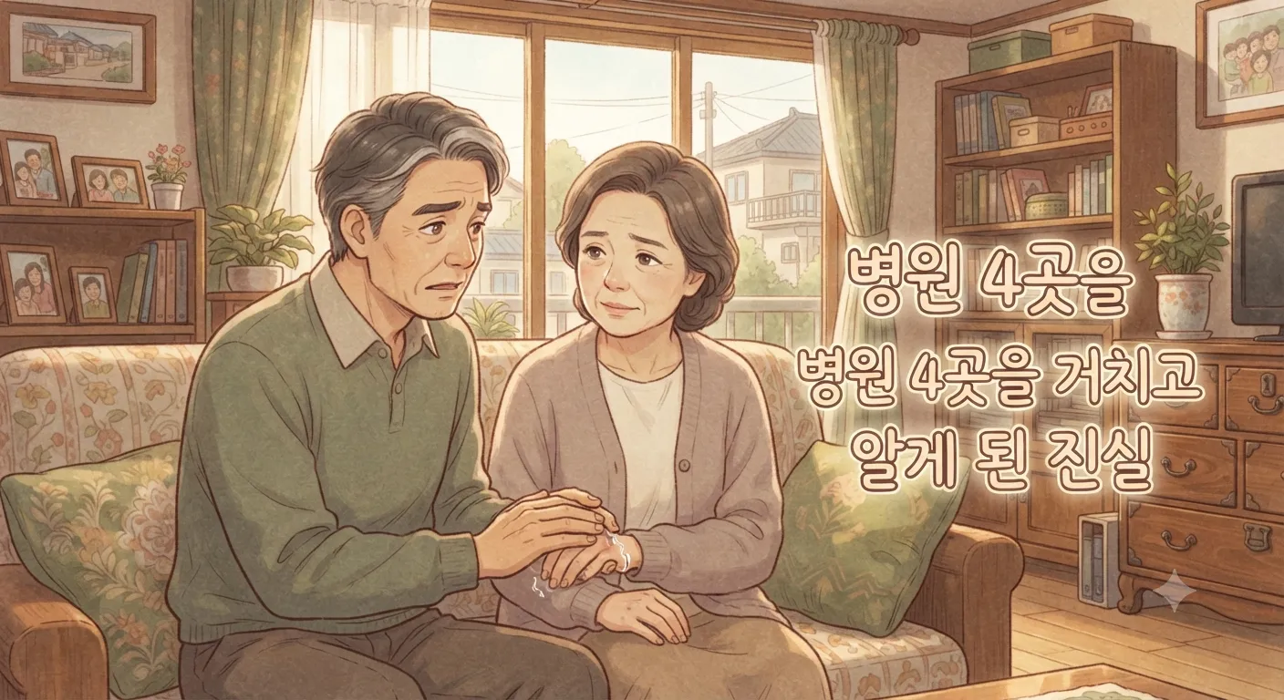 우울증약 부작용 손떨림을 겪는 아내를 걱정하는 남편의 모습을 담은 지브리풍 일러스트