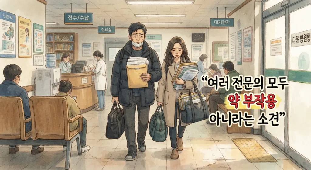 우울증약 부작용 손떨림의 원인을 찾아 병원 4곳을 거친 과정을 보여주는 지브리풍 일러스트