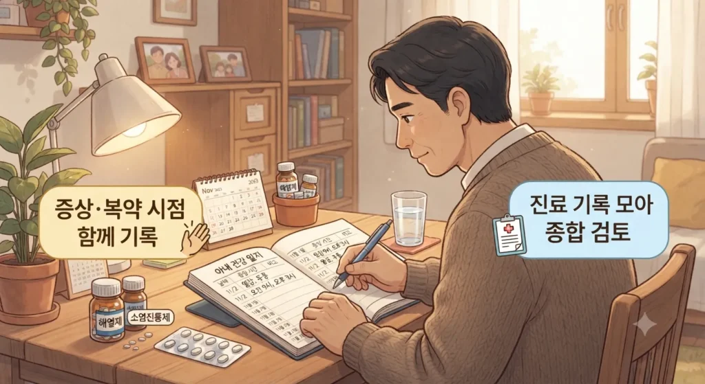 우울증약 부작용 손떨림이 의심될 때 증상을 기록하고 대처하는 방법을 보여주는 지브리풍 일러스트