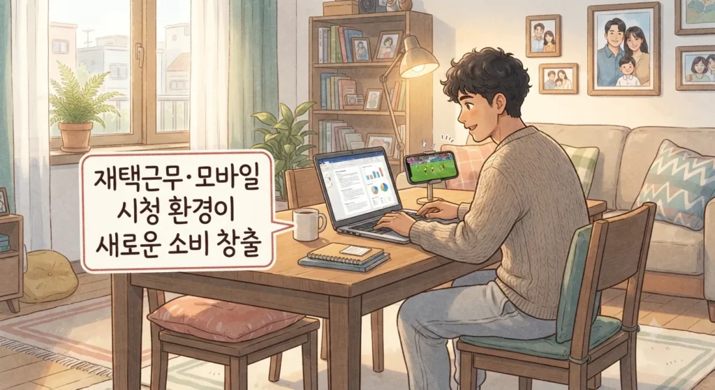 월드컵 소비효과가 오전 시간대에도 늘어난 이유인 재택근무와 모바일 시청 문화를 보여주는 지브리풍 일러스트