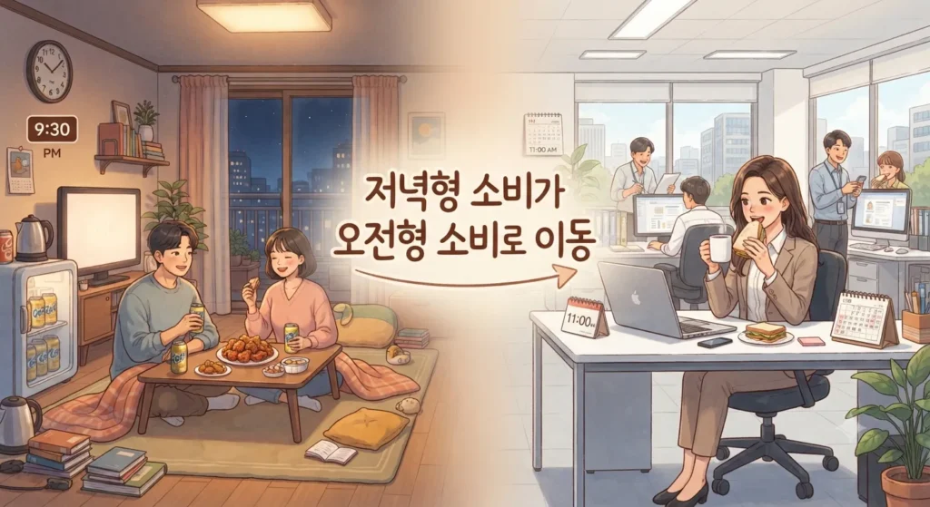 월드컵 소비효과가 저녁형 소비에서 오전형 소비로 이동한 경제 순환을 보여주는 지브리풍 일러스트