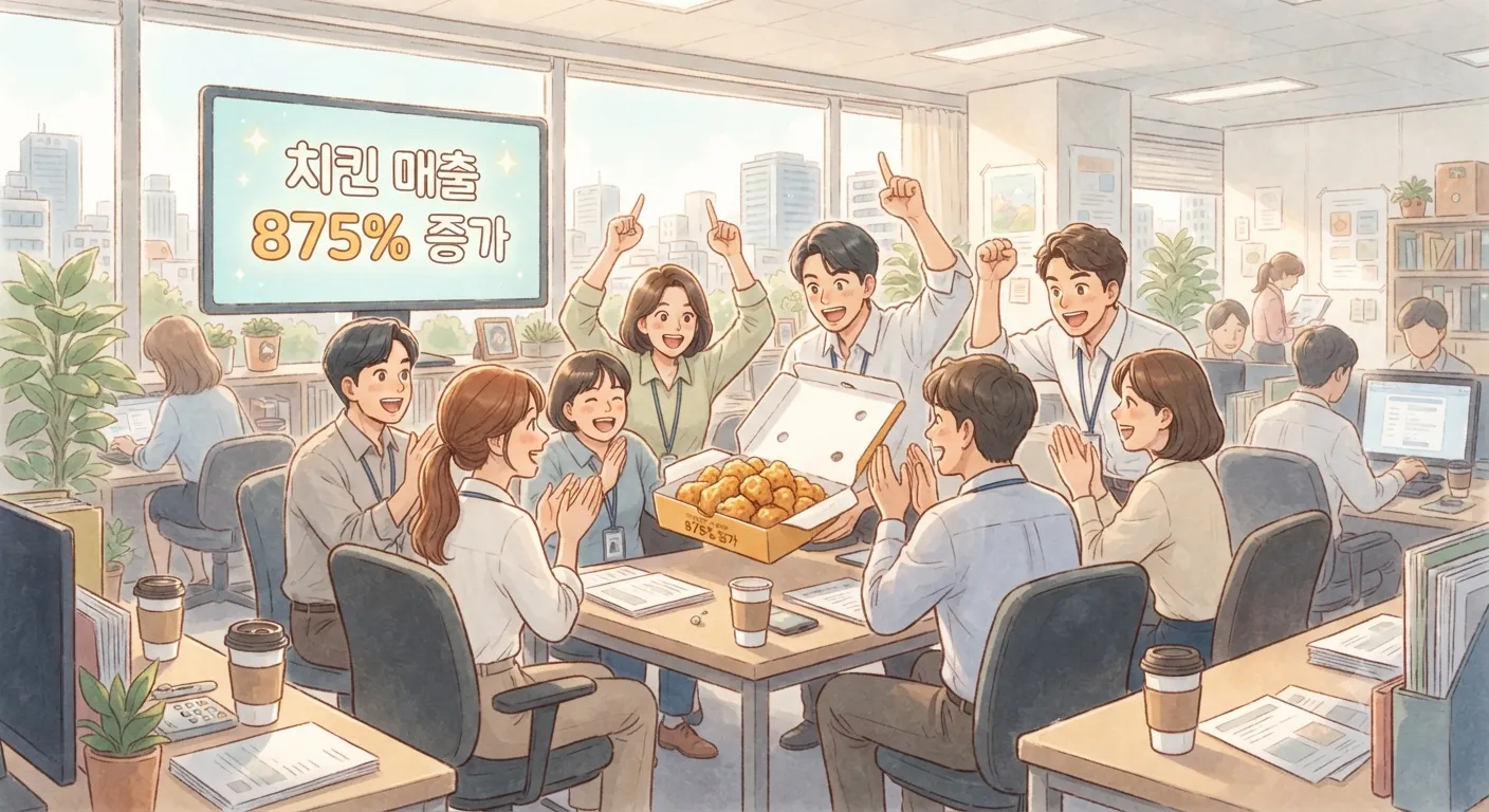 월드컵 소비효과로 오전 시간대 치킨 매출이 급증한 모습을 담은 지브리풍 일러스트