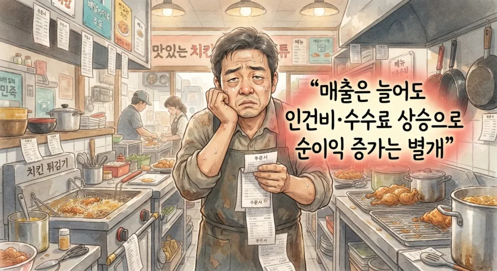 월드컵 소비효과의 특수를 누리면서도 부담을 겪는 자영업자의 명암을 보여주는 지브리풍 일러스트