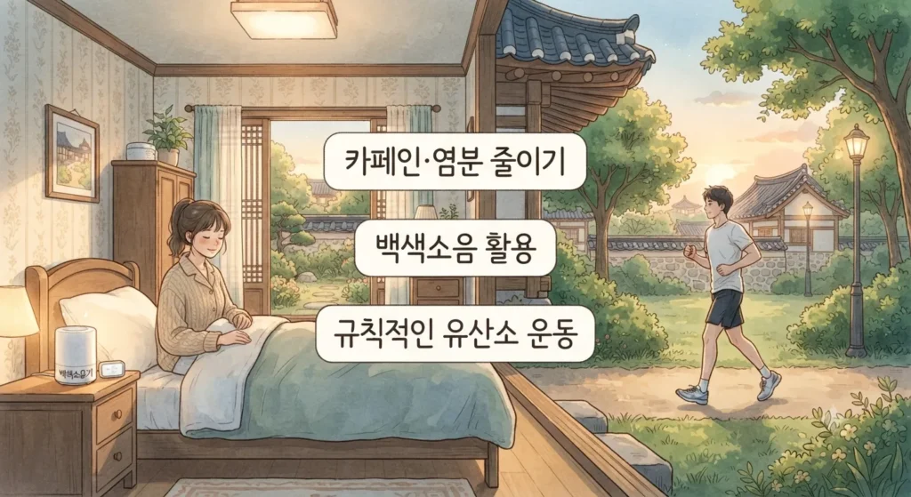 이명 증상 완화를 위해 실천한 3가지 핵심 생활 습관을 보여주는 지브리풍 일러스트