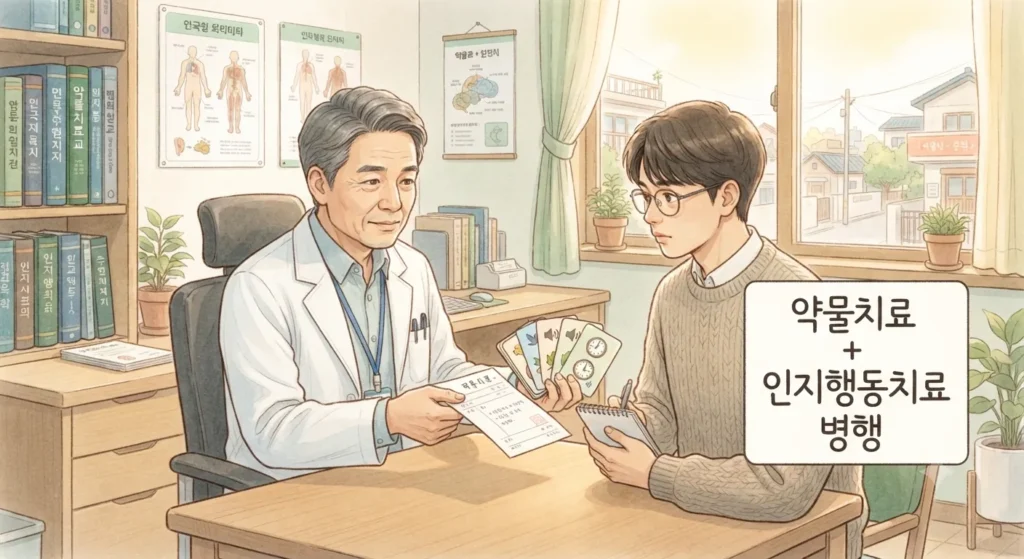 이명 증상 치료를 위한 약물치료와 인지행동치료 병행을 보여주는 지브리풍 일러스트