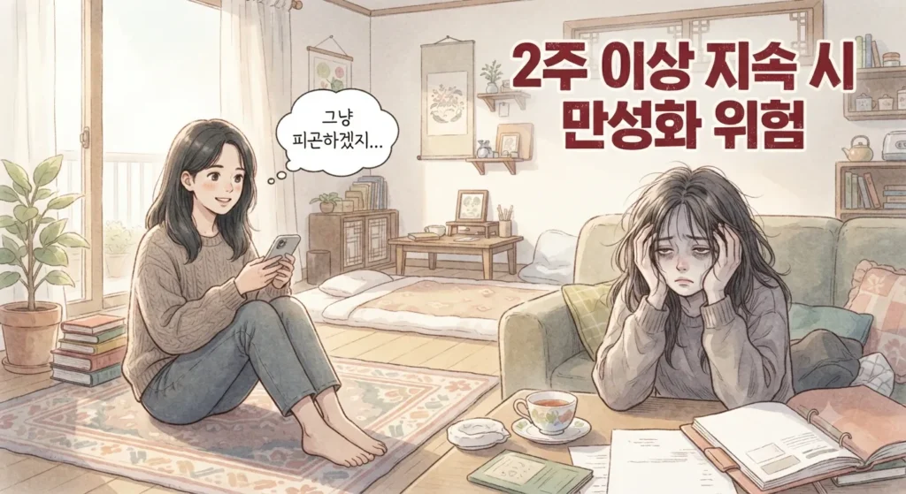 이명 증상을 방치하면 만성화될 수 있다는 위험을 보여주는 지브리풍 일러스트