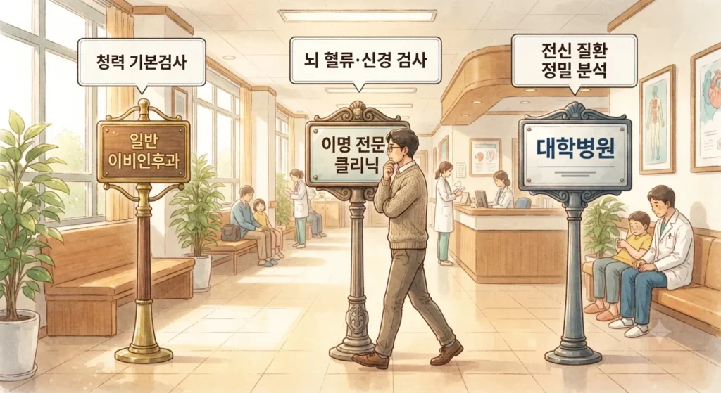 이명 증상의 원인을 찾기 위해 병원 3곳을 방문한 과정을 보여주는 지브리풍 일러스
