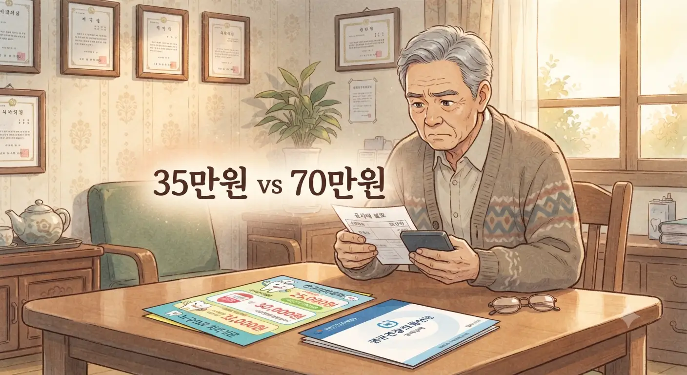 임플란트 본인부담금과 저가 치과 가격을 비교하는 어르신의 모습을 담은 지브리풍 일러스트