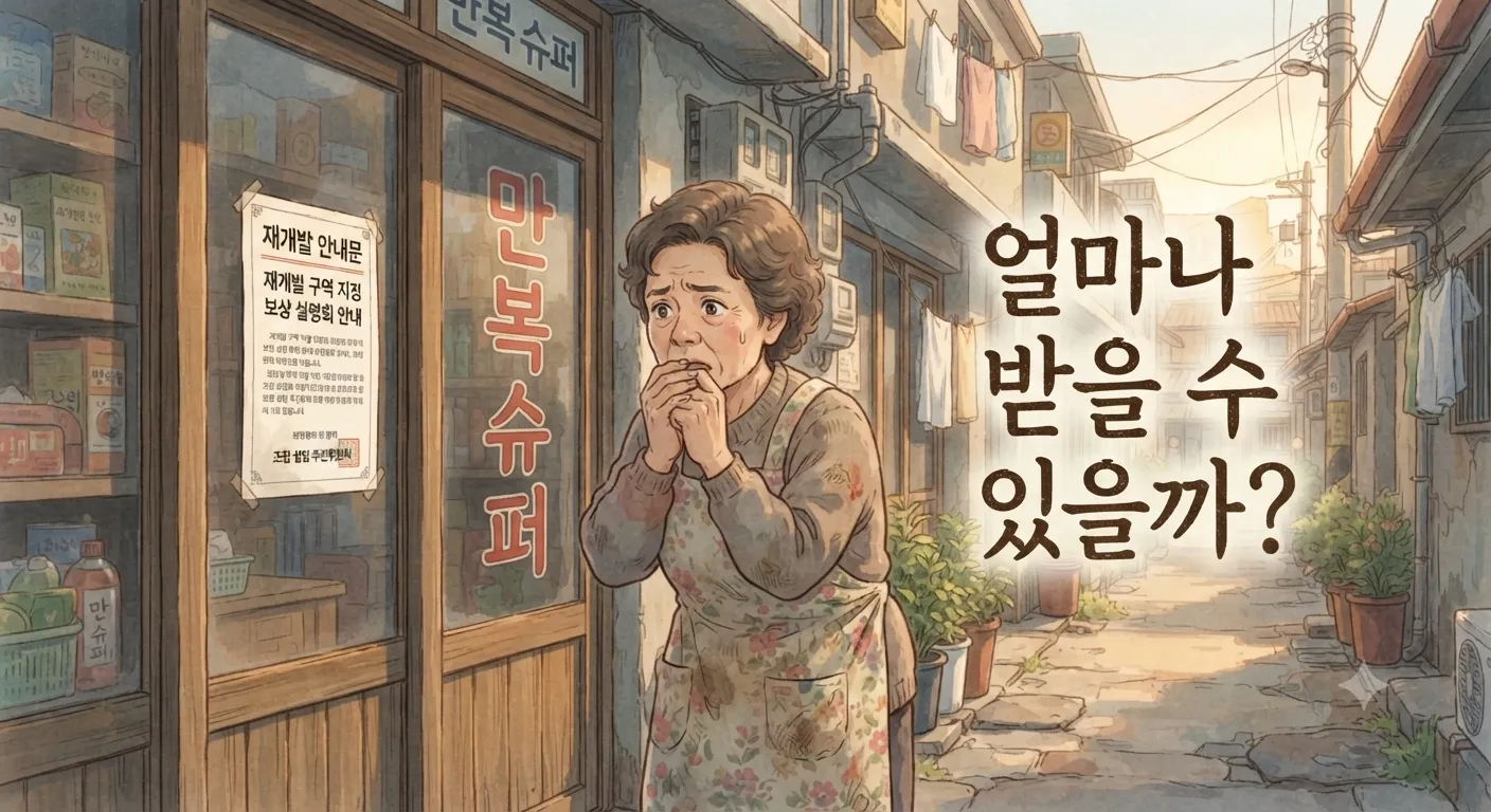 재개발 상가 임차인 보상금을 걱정하는 가게 사장님의 모습을 담은 지브리풍 일러스트