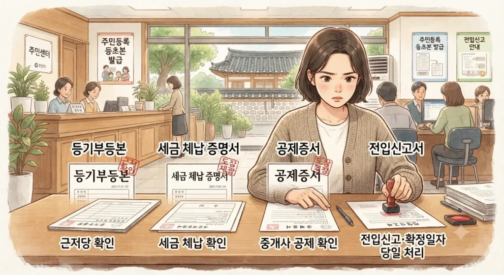 전세사기 예방법 중 계약 전 반드시 확인해야 할 4가지 체크리스트를 보여주는 지브리풍 일러스트