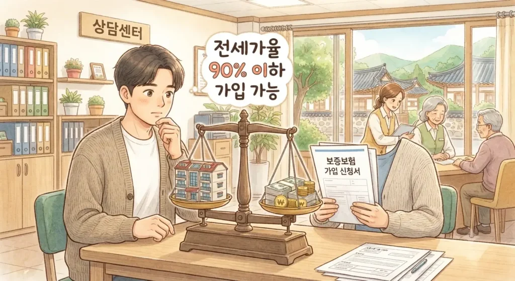 전세사기 예방법 중 전세가율 90% 이하 보증보험 가입 요건을 보여주는 지브리풍 일러스트
