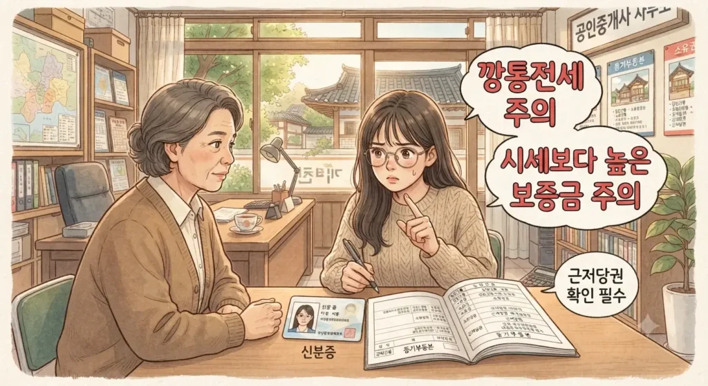 전세사기 예방법으로 깡통전세와 시세 조작 유형을 경계하는 모습을 보여주는 지브리풍 일러스트