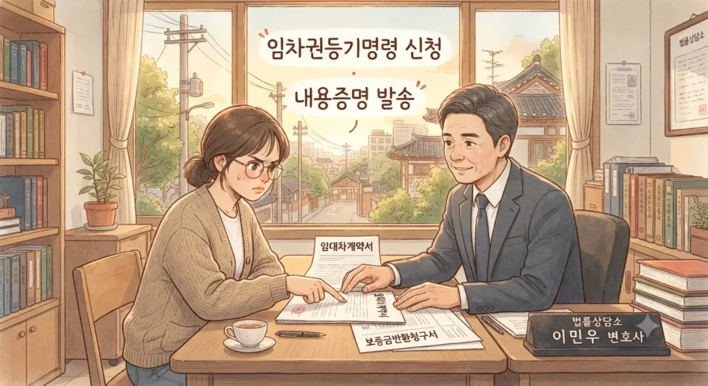 전세사기 예방법을 놓친 후 피해 발생 시 골든타임 대처법을 보여주는 지브리풍 일러스트