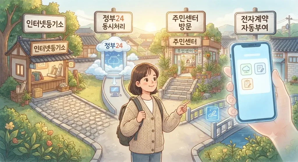 전월세 확정일자 받는 4가지 신청 경로를 비교해서 보여주는 지브리풍 일러스트