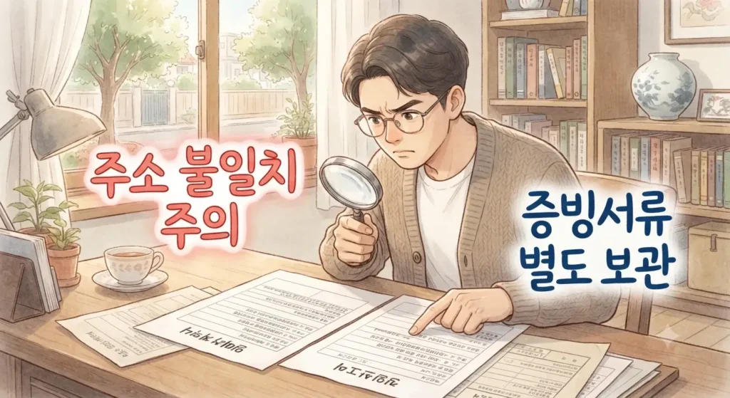 전월세 확정일자 신청 시 주소 확인과 서류 보관 주의사항을 보여주는 지브리풍 일러스트