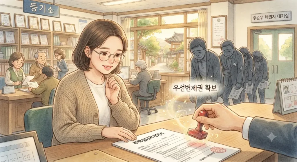 전월세 확정일자로 우선변제권을 확보하는 법적 효력을 보여주는 지브리풍 일러스트-
