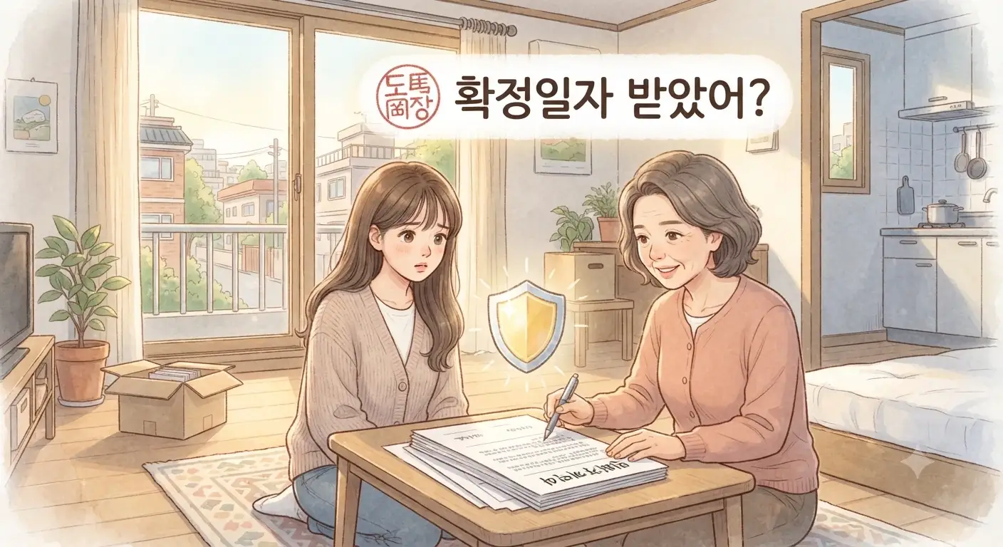 전월세 확정일자를 챙기는 부모와 사회초년생 자녀의 모습을 담은 지브리풍 일러스트