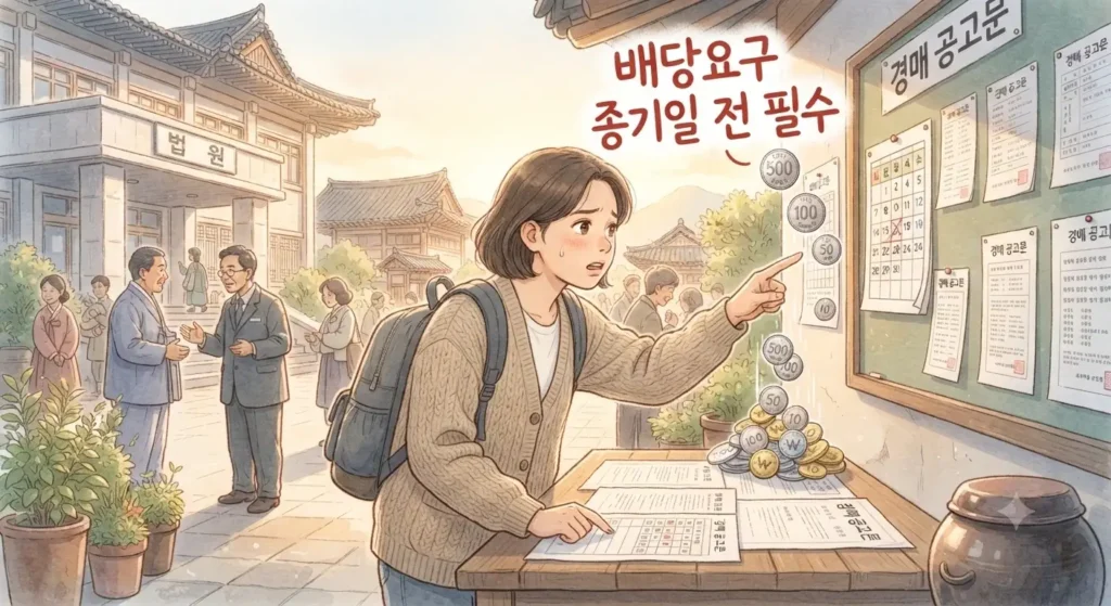 전월세 확정일자를 통해 경매 상황에서 우선변제권을 확보하는 과정을 보여주는 지브리풍 일러스트