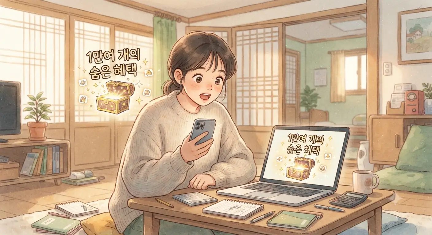정부지원금을 찾아 놀라워하는 모습을 담은 지브리풍 일러스트