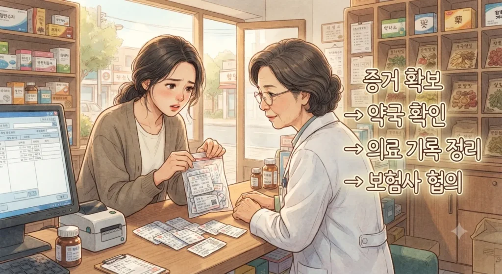 조제사고 의심 증상 확인 후 약국과의 보상 절차를 진행하는 과정을 보여주는 지브리풍 일러스트