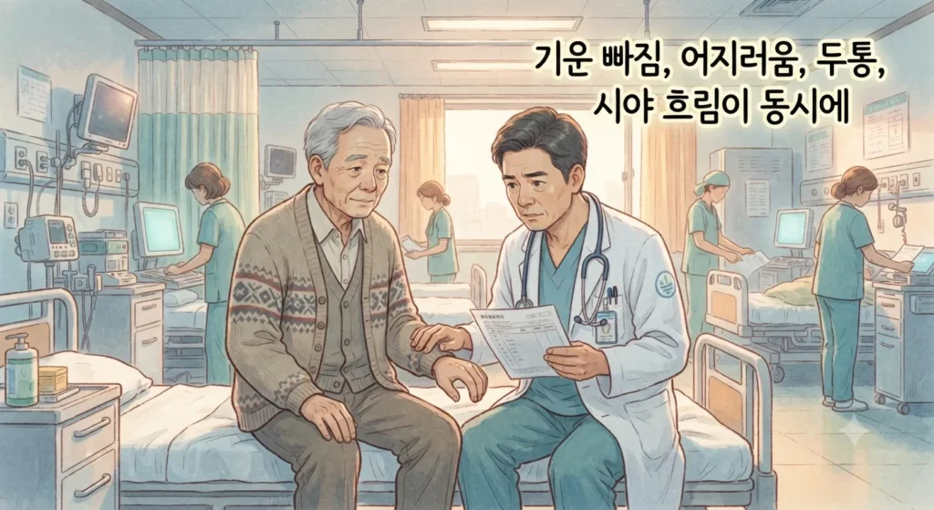 조제사고 의심 증상으로 디곡신 중독을 의심하게 된 응급실 방문 상황을 보여주는 지브리풍 일러스트