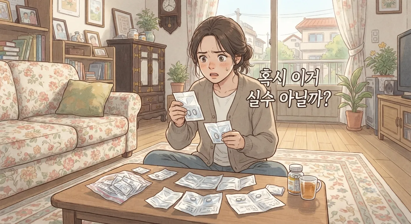 조제사고 의심 증상을 알아채고 약 봉지를 확인하는 자녀의 모습을 담은 지브리풍 일러스트