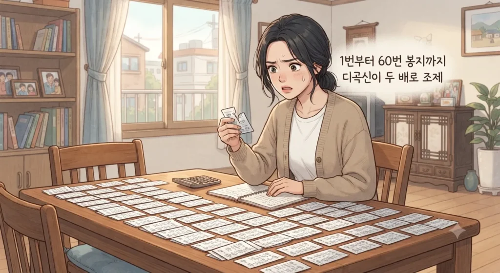 조제사고 의심 증상의 원인이 된 디곡신 두 배 조제 오류를 발견한 순간을 보여주는 지브리풍 일러스트