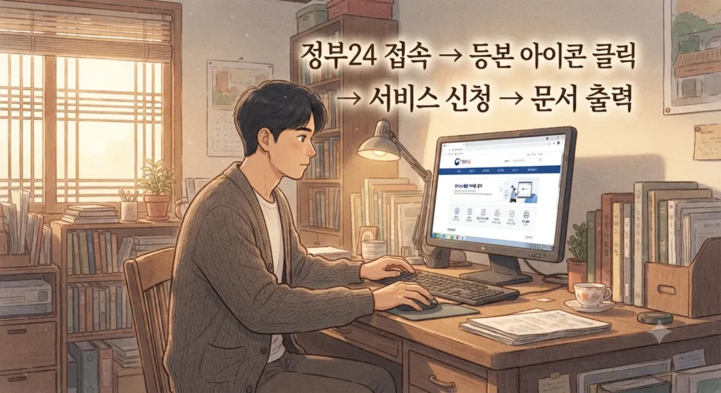 주민등록등본 인터넷 발급 PC 단계별 절차를 보여주는 지브리풍 일러스트