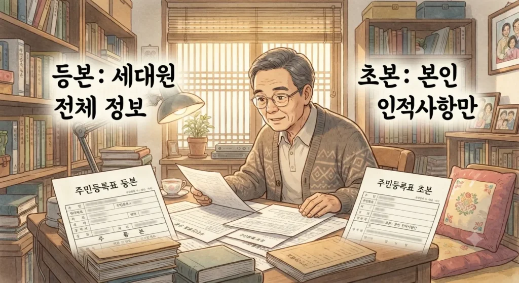 주민등록등본 인터넷 발급 시 등본과 초본의 차이를 구분해서 보여주는 지브리풍 일러스트