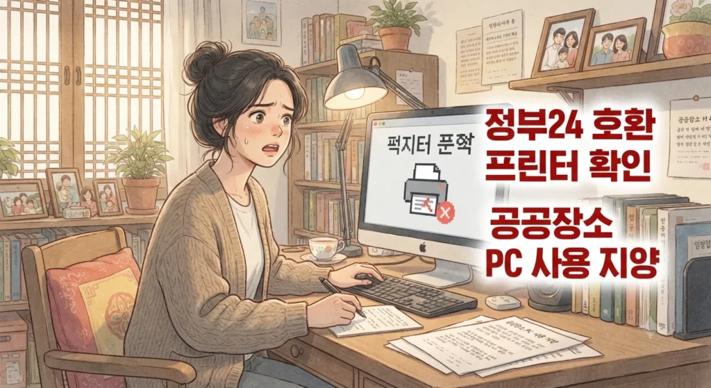 주민등록등본 인터넷 발급 시 프린터 오류와 보안 주의사항을 보여주는 지브리풍 일러스트