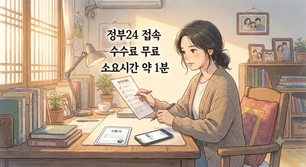 주민등록등본 인터넷 발급을 위한 필수 준비물 체크리스트를 보여주는 지브리풍 일러스트