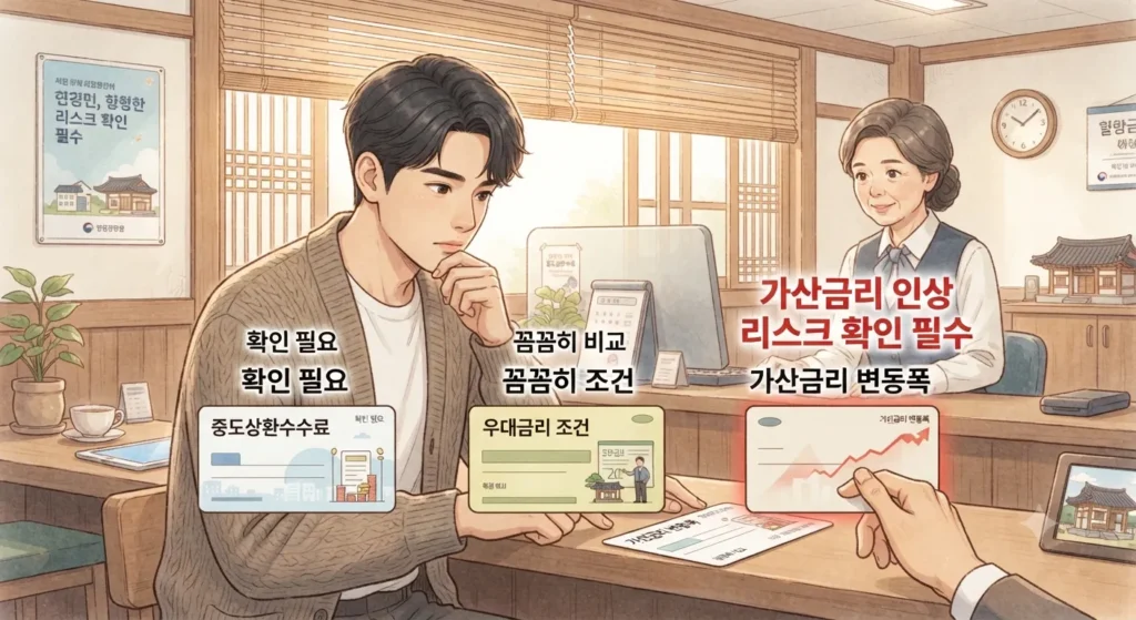 주택담보대출 금리 비교 방법 적용 시 반드시 확인해야 할 체크 조건과 가산금리 리스크를 보여주는 지브리풍 일러스트