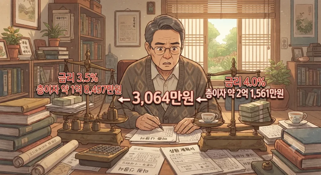 주택담보대출 금리 비교 방법으로 금리 0.5%포인트 차이가 만드는 3,064만원 이자 격차를 보여주는 지브리풍 일러스트