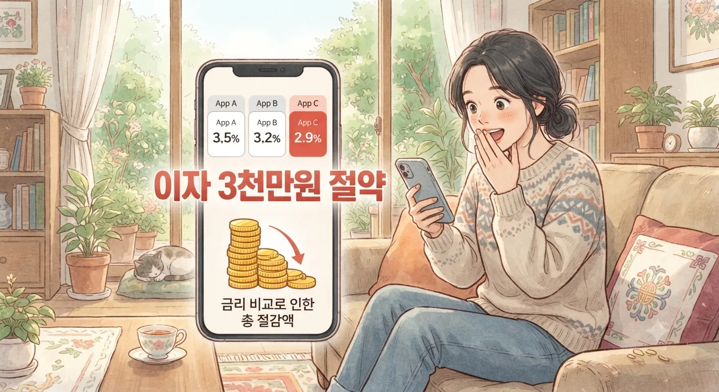 주택담보대출 금리 비교 방법으로 이자 3천만원을 아끼는 모습을 담은 지브리풍 일러스트